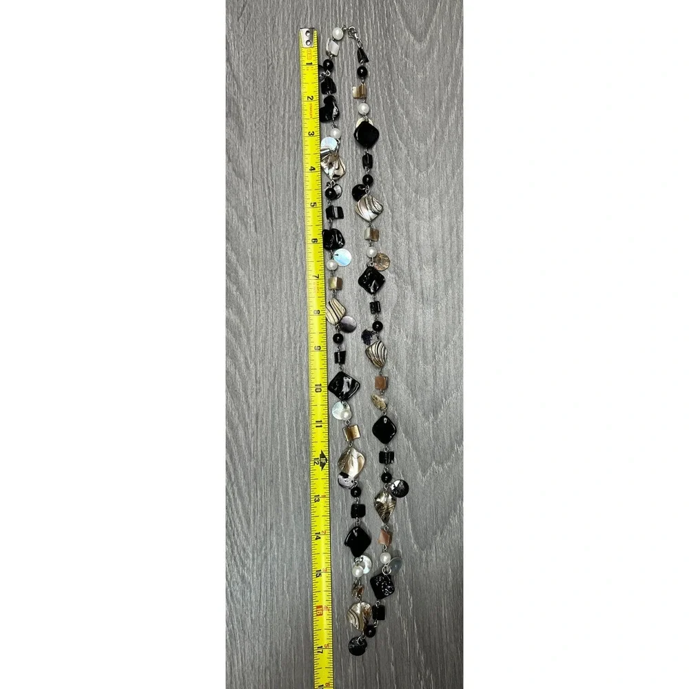 Black Mother of Pearl Shell Faux Pearl Long Layered Statement Necklace Silver